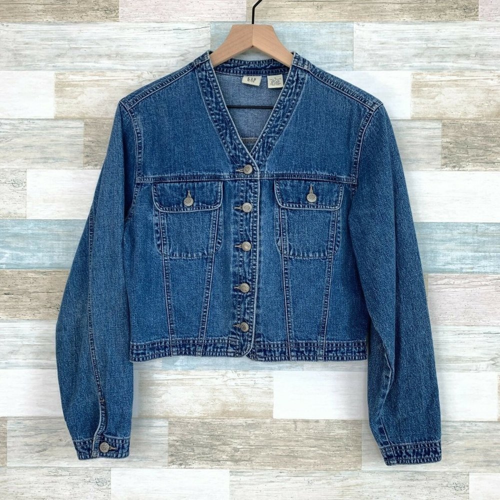 GAP VTG 90s Crop Denim Trucker Jacket Collarless V Neck Cotton Womens Small FLAW